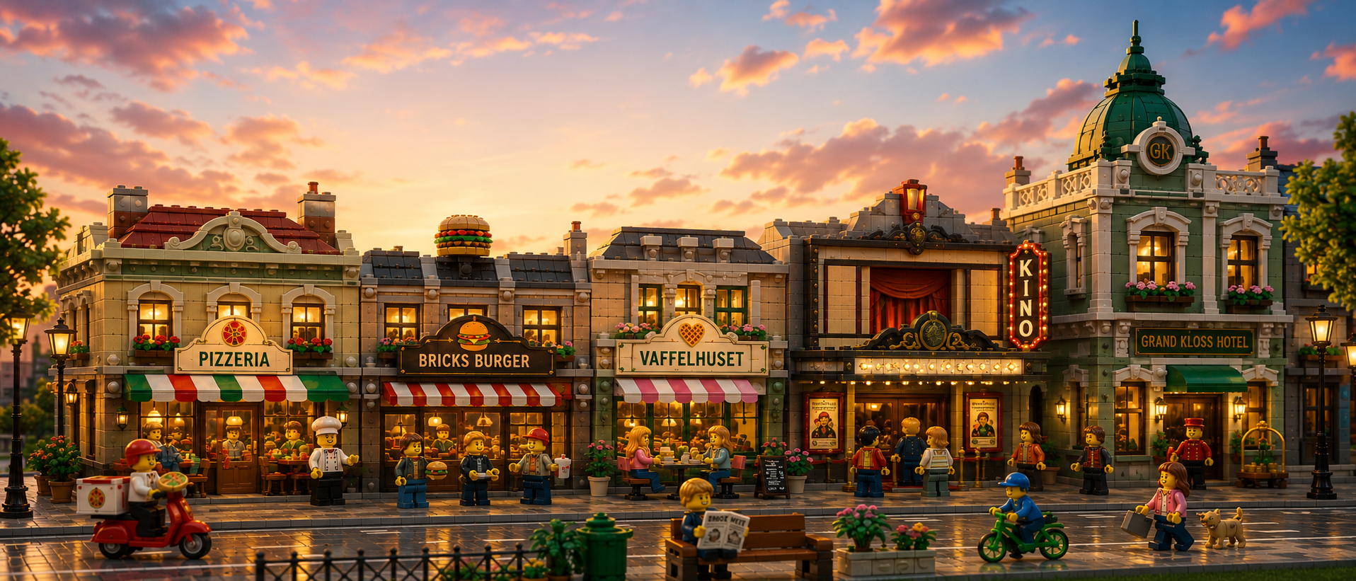 En livlig LEGO-handlegate med spesialdesignede skilt for blant annet Pizzeria Klossolini, Bricks Burger, Vaffelhuset, Brikketeateret og Grand Kloss Hotel.